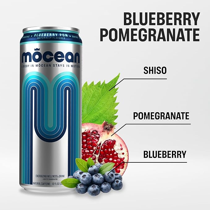 MŌCEAN Blueberry Pomegranate Energy Drink 12 fl oz (Pack of 12) Clean Adult Energy Drink with 130mg Caffeine Adaptogens &amp Minerals No Taurine No Sucralose No Candy Flavors