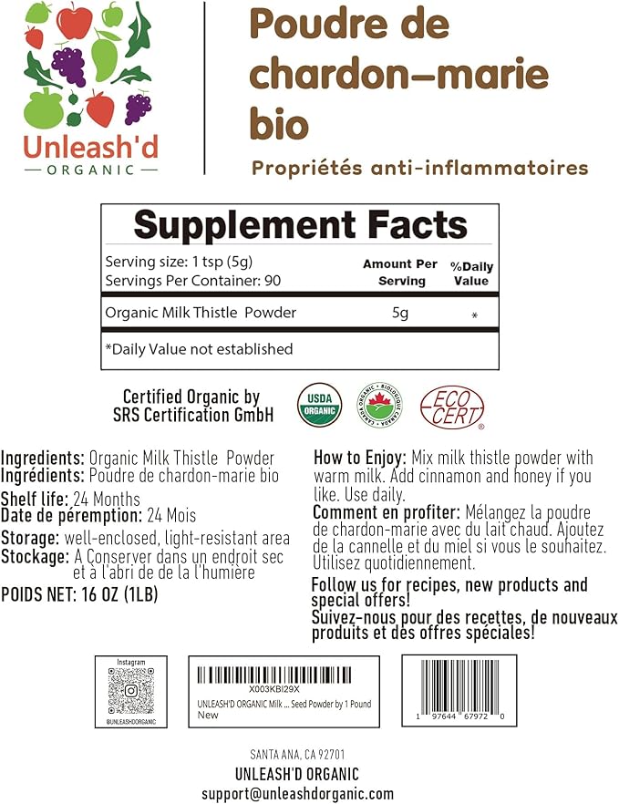 Unleash’d Organic Milk Thistle Powder 16oz – 100% Pure Rich in Silymarin &amp Antioxidants Supports Liver and Immune Health