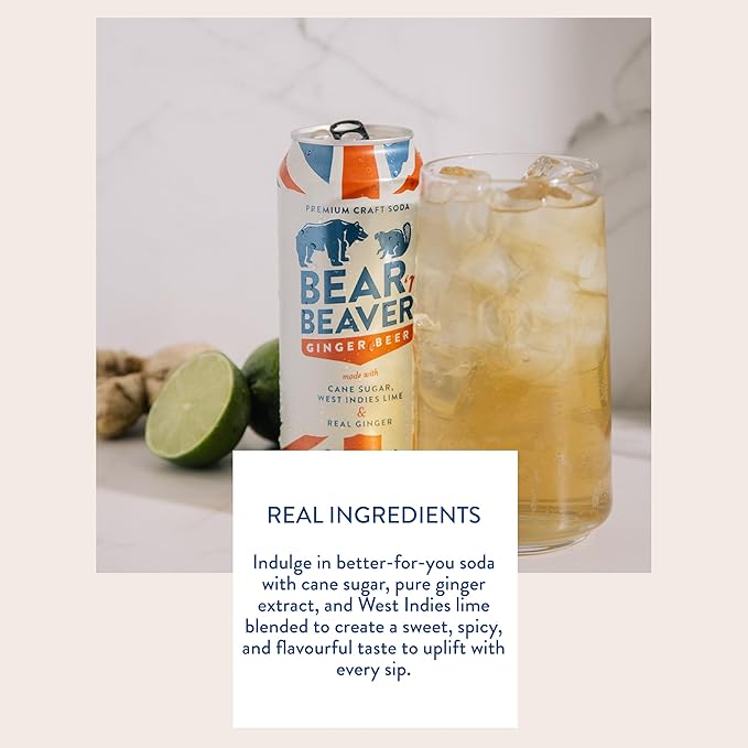 Bear 'n Beaver Premium Craft Ginger Beer Soda Soft Drinks Made with 100% Cane Sugar Real Ginger &amp Lime - Vegan &amp Gluten-Free - Bold Caffeine Free Flavor for Mocktails &amp Mixing - 12 Pack o