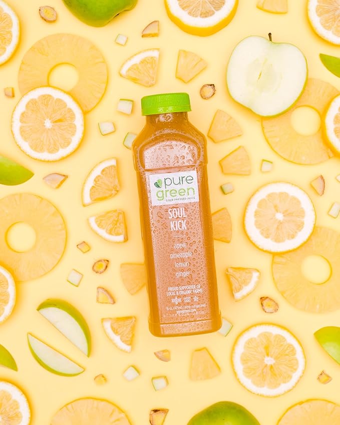 Pure Green Cold Pressed Juice - Soul Kick - Fresh Functional Blend with Apple Pineapple Lemon Ginger - Natural Gluten Free Non-GMO No Artificial Colors or Flavors - Made from Real Fruits &amp V