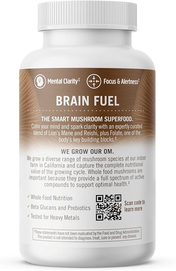 OM MUSHROOM SUPERFOOD Brain Fuel Mushroom Powder Capsules Superfood Supplement 90 Count 30 Days Lion's Mane Reishi Blend Plus Folate Mental Clarity Mushroom Supplement