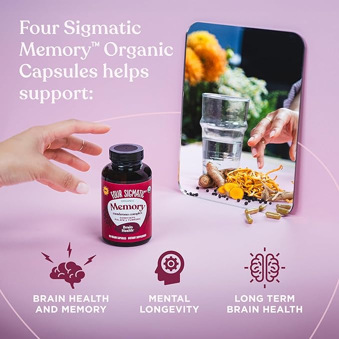Four Sigmatic Memory Capsules | Reduce Brain Fog &amp Improve Memory | Nootropic Supplement for Brain Support with Cordyceps Mushroom Gotu Kola Turmeric Ashwagandha &amp Folate | 30 Servings