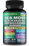 Organic Sea Moss Capsules - Organic Irish Sea Moss Black Seed Oil Ashwagandha Ginger Burdock Root Bladderwrack Turmeric Black Pepper Vitamin C D3-60 Veggie Capsules for Men &amp Women