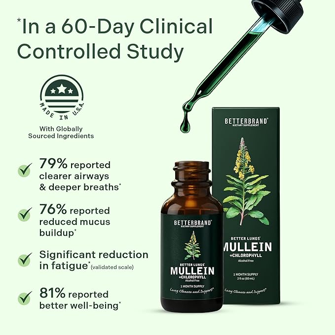 Betterbrand Mullein Drops for Lung Detox - Mullein Leaf Tincture with Chlorophyll - Helps Support Respiratory Health Alcohol-Free 1 Month Supply - 60ml