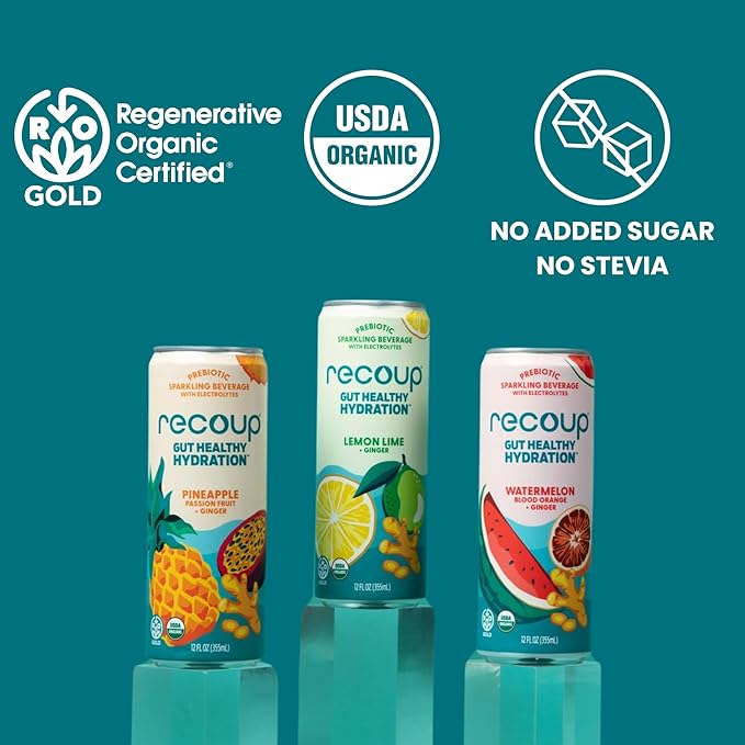 Recoup Organic Sparkling Prebiotic Drink - Ginger with Electrolytes for Gut Health Support &amp Hydration No Added Sugar ((Pack of 12) Watermelon Blood Orange + Ginger)