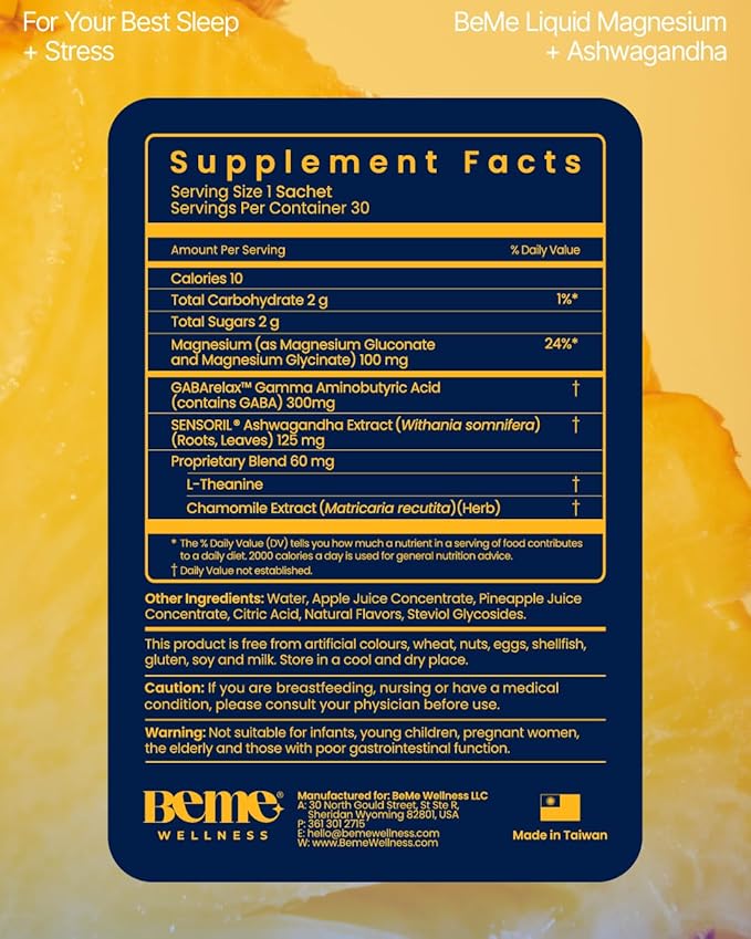 BeMe Magnesium Drink for Sleep - Melatonin-Free Magnesium for Sleep with Ashwagandha L-Theanine &amp GABA - Fast-Absorbing Calm Pineapple - 15 Sachets