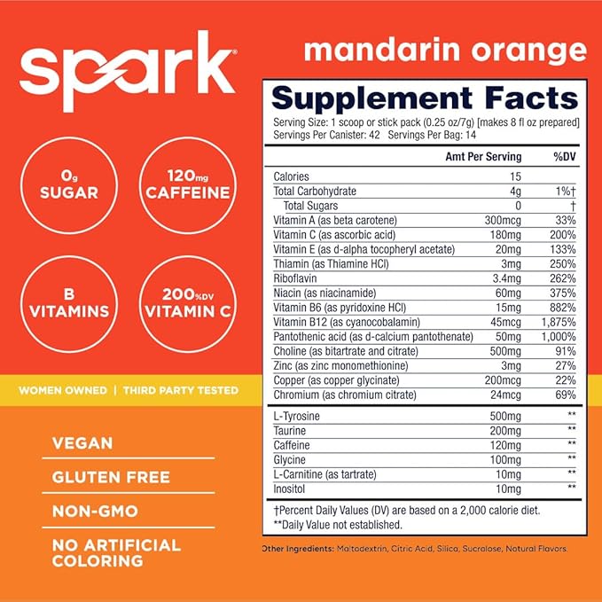 AdvoCare Spark - Energy Drink Mix - Vitamin &amp Amino Acid Supplement - Supports Energy &amp Focus - Portable Immune Support - Sugar-Free - Mandarin Orange (10.5 oz)