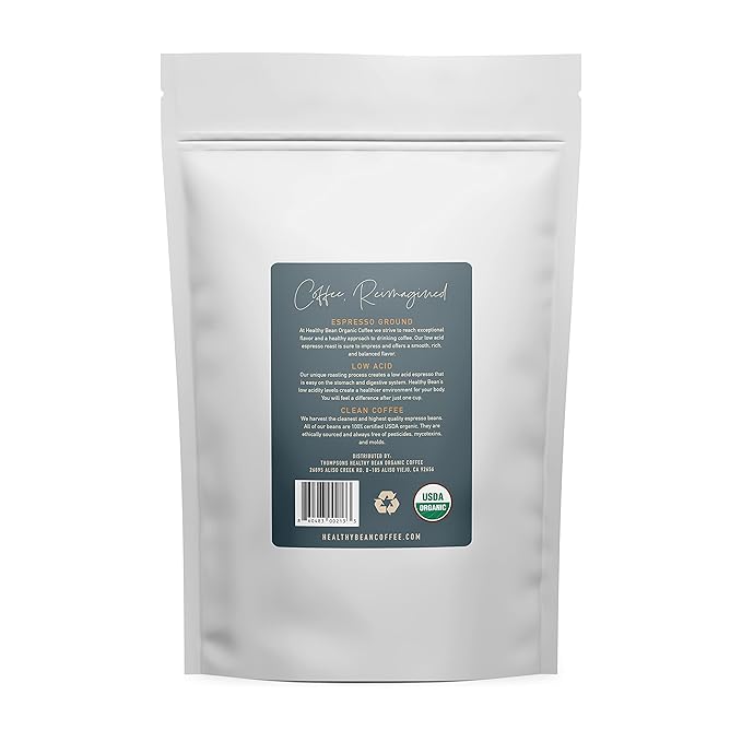 Healthy Bean Organic Espresso Ground Coffee Dark Roast - Low Acid Coffee Grounds for Sensitive Stomach - Dark Espresso Roast USDA Organic High Antioxidants Strong and Rich Flavor 11oz