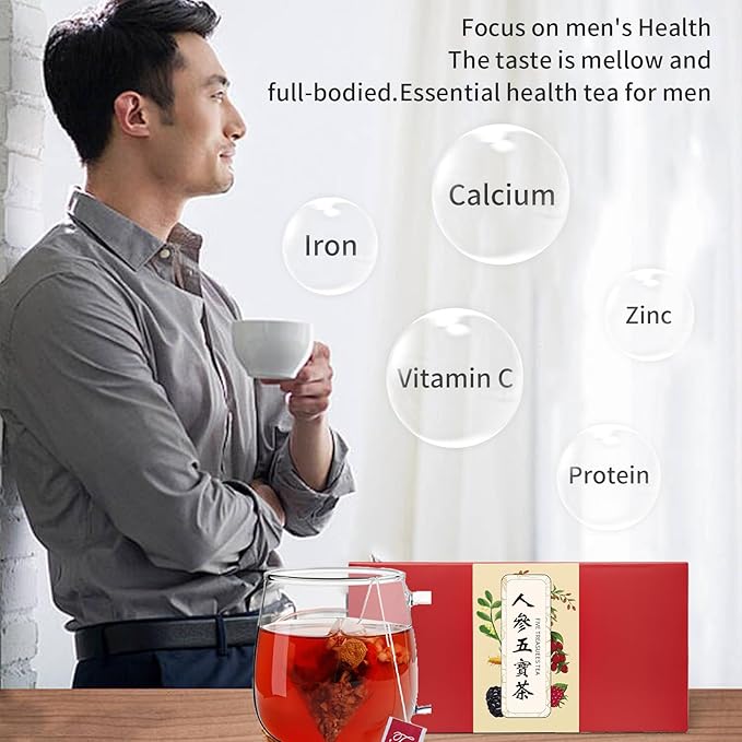 DOZO Ginseng Five Treasures Tea Kidney Tea For Men Husband Wubao Tea Bags Men's Energy Health Ginseng Maca Polygonatum Raspberry Mulberry Goji Berry Jujube 人参五宝茶 五宝茶 男人茶 补肾茶 7.05oz/20 Bags