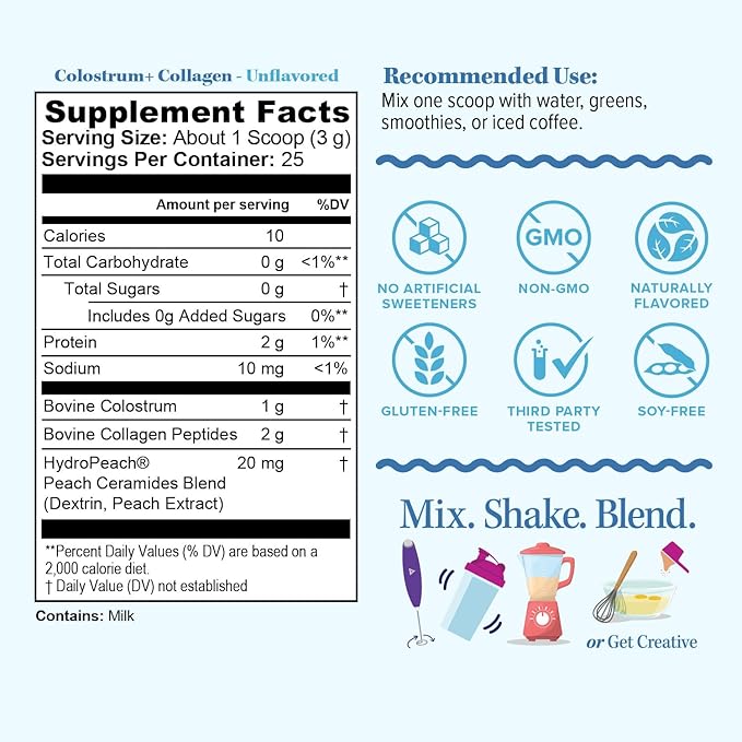 Colostrum Collagen Peptide Protein Powder Hydrolyzed HydroPeach Gut Health Skin &amp Immune Support | 1g Bovine Colostrum 2g Collagen Peptides 20mg Peach Ceramides Blend Unflavored 25 Servings No S