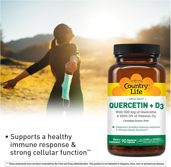 Country Life Quercetin 500mg Capsules with Vitamin D3 800 IU – Immune Support Supplement for Adults – Daily Immune Boosters – Quercetin Immune System Boost 90 Capsules