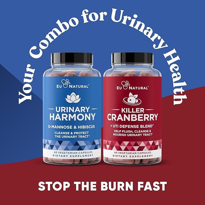 Urinary Tract Supplement Duo Urinary Harmony + Killer Cranberry UT Defense blends D-mannose &amp Hibiscus + Cranberry Pine Bark Propolis &amp Vitamin D Clinical Strength Ingredients 2 X 60 ct