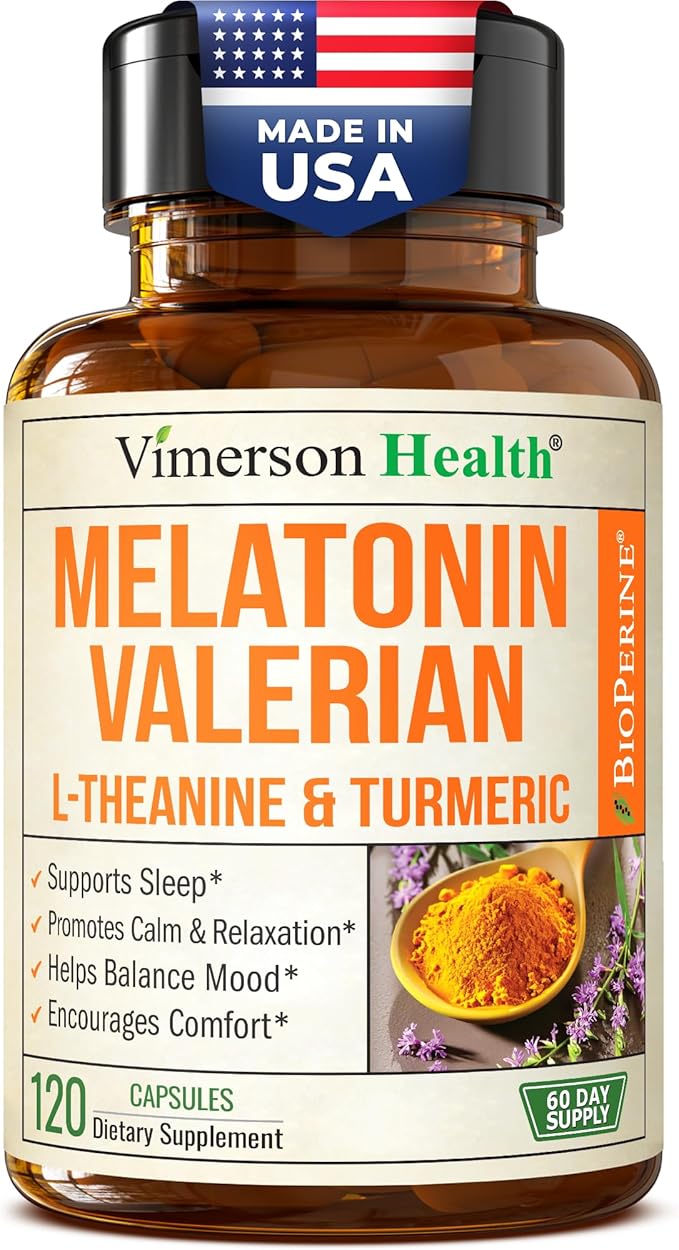 Melatonin 3mg Sleep Aid with L-Theanine &amp Valerian Root – Turmeric Curcumin Supplement with Ginger &amp Black Pepper – Organic Turmeric Supplement for Sleep Calm and Stress Relief Support – 120