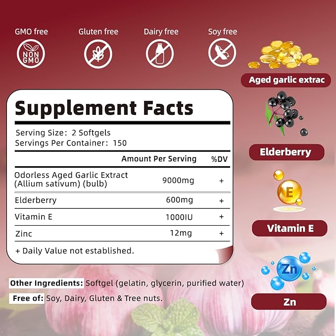 Aged Garlic Extract Capsules – 9000mg High Potency 2 Years Matured Odorless Garlic Supplements with Elderberry Vitamin E &amp Zinc for Heart &amp Immune Support Antioxidant Supplements 300 Softge