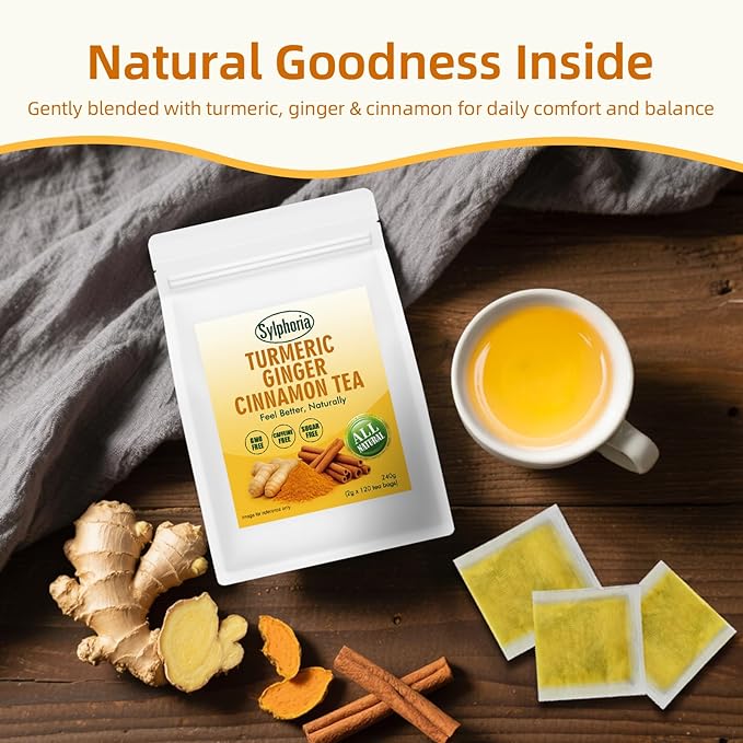 120 Bags Premium Turmeric Ginger Cinnamon Tea Bags Premium Natural Ingredients Turmeric Ginger Herbal Blend with Cinnamon No Sugar Caffeine-FreeTurmeric Ginger Cinnamon Tea（1Pack/120Bags）