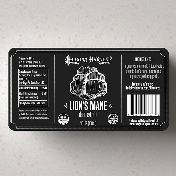 Hodgins Harvest Organic Lion's Mane Fruiting Body Extract Tincture - Mushroom Supplement for Brain Health and Mental Focus - Dual Extract Formula - Extra Concentrated - 4 fl oz Bottle