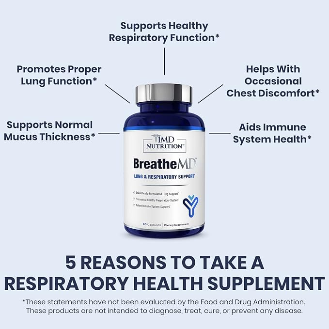 1MD Nutrition BreatheMD | Lung and Respiratory Support Supplement | Promotes a Healthy Immune System | with Elderberry Chromium and NAC | 60 Ct.