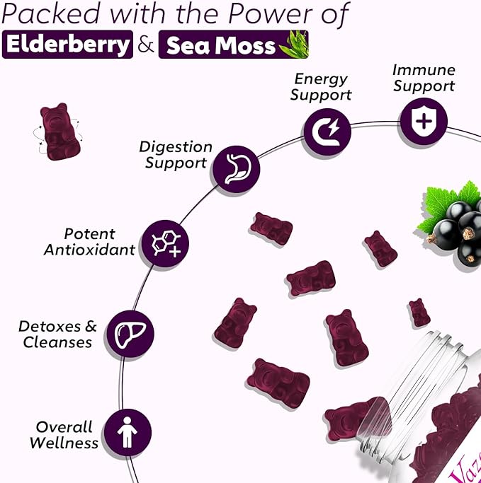 2 Pack Elderberry Gummies with Sea Moss Extra Strength Elderberry with Vitamin C Zinc for Immune Support for Adults Kids Women &amp Men Blueberry Flavor 120Cts