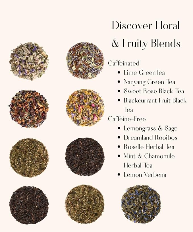 EZR Leaf Herbal &amp Fruit Tea Sampler Gift Box – 22 Pyramid Tea Bags with 9 Fruit &amp Floral Blends – Low &amp Caffeine Free Assortment for Relaxing Tea Lovers Lemon Verbena Lemongrass  Rooibos