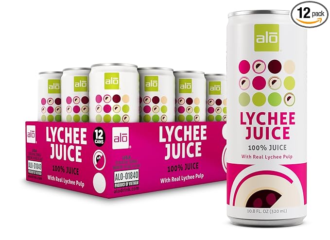 ALO Slim Can Juice Lychee with Real Fruit Pulp| 10.82 fl oz Pack of 12 | Plant-Based Beverage 100% Natural Juice