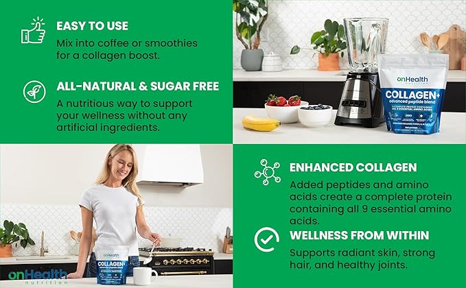 onHealth Multi Collagen Peptide Powder Types I II III V &amp X Complete Protein with All 9 Essential Amino Acids Biotin Hyaluronic Acid &amp Vitamin C Unflavored Easy‑Mix Collagen for Women &am