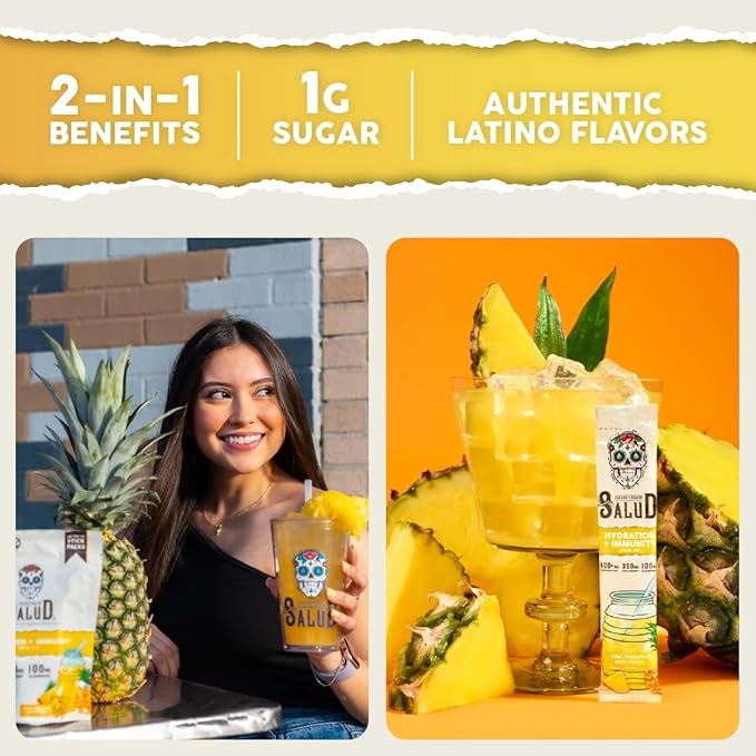 Salud 2-in-1 Hydration Packets + Immunity Electrolytes Powder Pineapple - Agua Fresca Drink Mix Elderberry Dairy &amp Soy Free Non-GMO Gluten Free Vegan Low Calorie 1g Sugar (15 Servings)