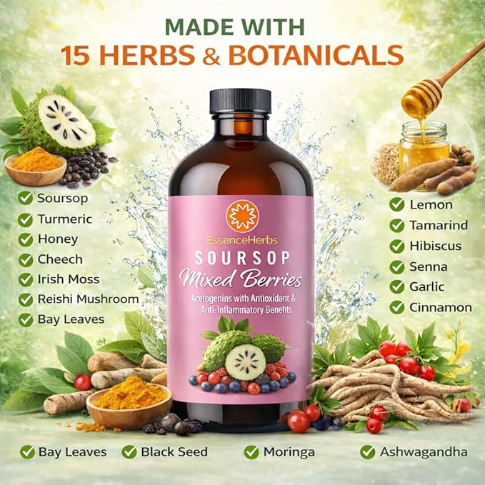Essence Herbs Soursop Bitters Liquid with Mixed Berries Gut &amp Digestive Support Antioxidant Herbal Supplement with Soursop Leaves Moringa Black Seed &amp Turmeric 16 fl oz