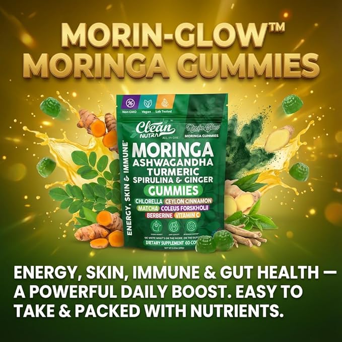 Clean Nutra Moringa Gummies | Pure Moringa Powder Supplement + Ashwagandha Turmeric Spirulina &amp Ginger Energy Skin Immune &amp Gut Health Green Superfood - Moringa Capsules Alternative