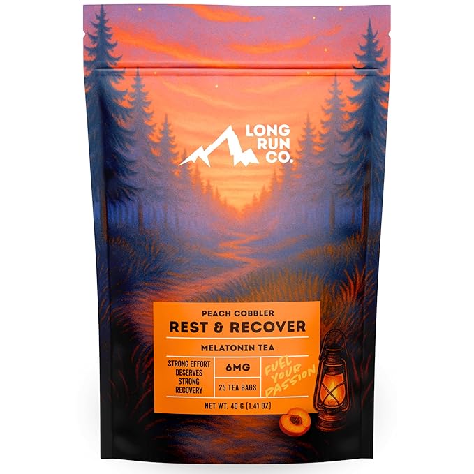 Rest &amp  Recover Sleep Tea by Long Run Co. – Caffeine‑Free Herbal Tea with Melatonin (25 Tea Bags) – All Natural Better Sleep &amp Recovery Wake Up Refreshed [6mg Melatonin Peach Cobbler]