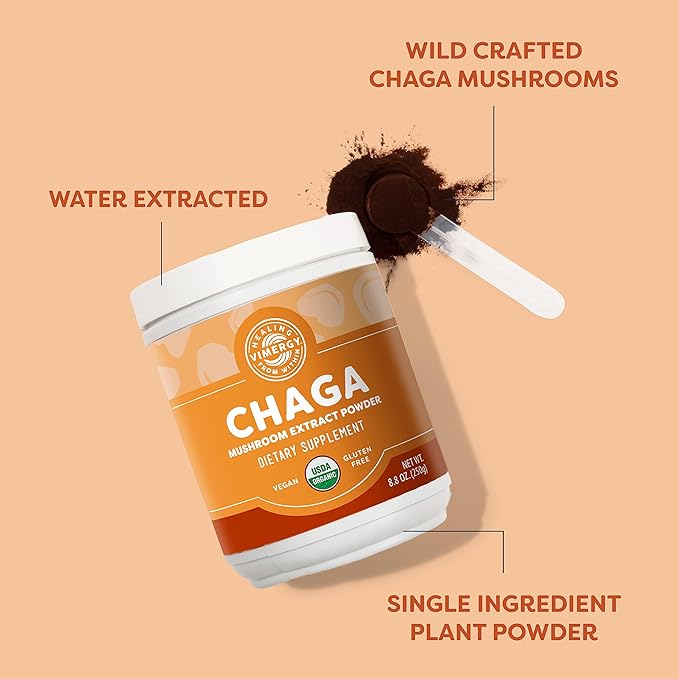 VIMERGY USDA Organic Wild Chaga Mushroom Extract Powder 166 Servings – Ideal in Chaga Tea Coffee Smoothies – Cardiovascular Support - Kosher Vegan No Gluten Paleo - Pure Chaga No Fillers (250g)