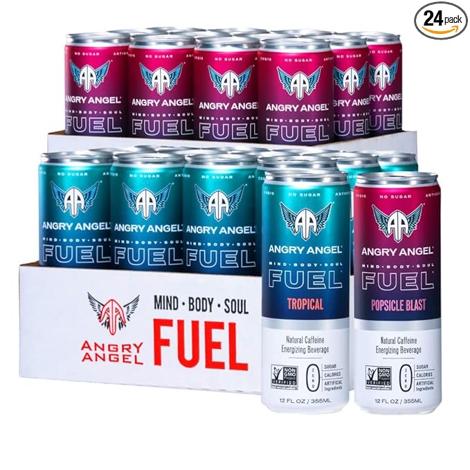 Angry Angel Ice Pop Blast &amp Tropical Natural Energy Drink - (24 count) Mixed Pack - Zero Sugar - CoQ10 - Important B Vitamins - 12 oz Cans