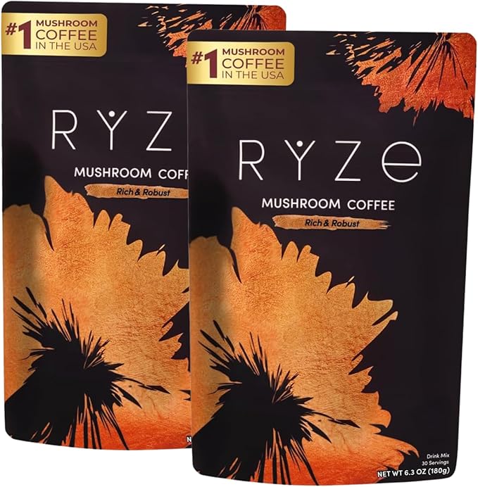 RYZE SUPERFOODS Mushroom Dark Roast Coffee Starter Kit Instant Coffee with 6 Adaptogenic Mushrooms and Better Energy Focus Digestion Immunity with Lions Mane &amp Turkey Tail 30 Serving Each