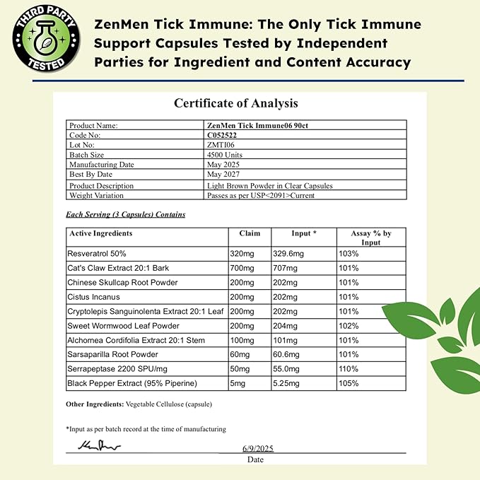 Zenmen Tick Immune Support 180 Vegan Capsules 2 Bottles - Improved Formula - Japanese Knotweed Cat's Claw Chinese Skullcap Cryptolepis Sanguinolenta Sweet Wormwood - Made in The USA