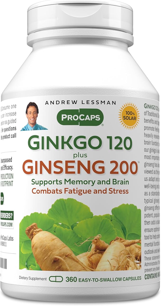 ANDREW LESSMAN Ginkgo 120 Plus Ginseng 200mg - 360 Capsules - Standardized Extract Blend to Support Brain Memory and Cognitive Function. Adaptogen Combats Stress and Fatigue. No Additives