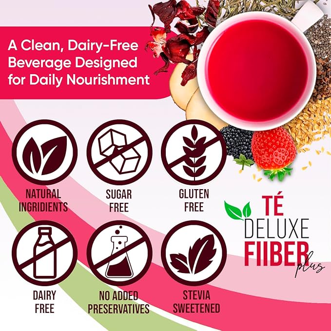 Fiber Plus – Digestive Support Tea Blend with Yellow Tea Flaxseed Chia &amp Aloe Vera. Natural Fiber &amp Herbal Infusion with Strawberry BlackBerry &amp Beetroot. Stevia Sweetened - 30 Servings
