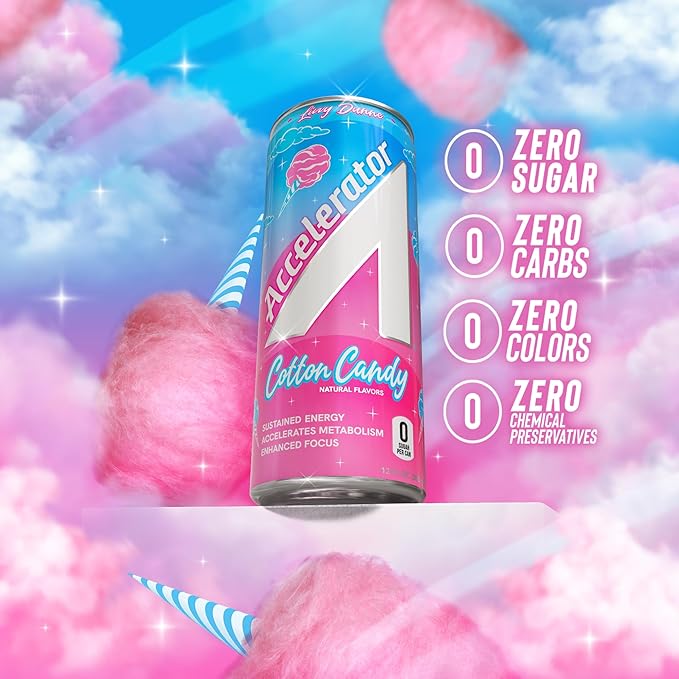 Accelerator Energy Drink Cotton Candy 12oz can Zero Sugar Sustained Energy from 100% Natural Caffeine (200mg from Green Coffee Bean &amp Green Tea extract) (Pack of 24)