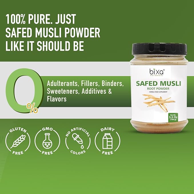 bixa BOTANICAL Safed Musli Root Powder Ayurvedic Natural Herbal Supplement Pure Authentic Premium Quality | Gluten Free Non-GMO Steam Sterlized Vegan (3.5 Ounce (Pack of 1) Safed Musli)