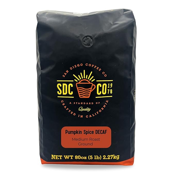 San Diego Coffee DECAF Pumpkin Spice Medium Roast Ground Coffee 5-Pound Bag Café descafeinado molido tostado