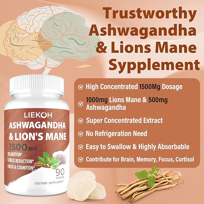 Ashwagandha &amp Lions Mane Supplement Capsules Brain Supplements for Memory and Focus Ashwagandha Supplement with Rhodiola &amp Black Peppe Cortisol Supplements for Women &amp Men90 Caps