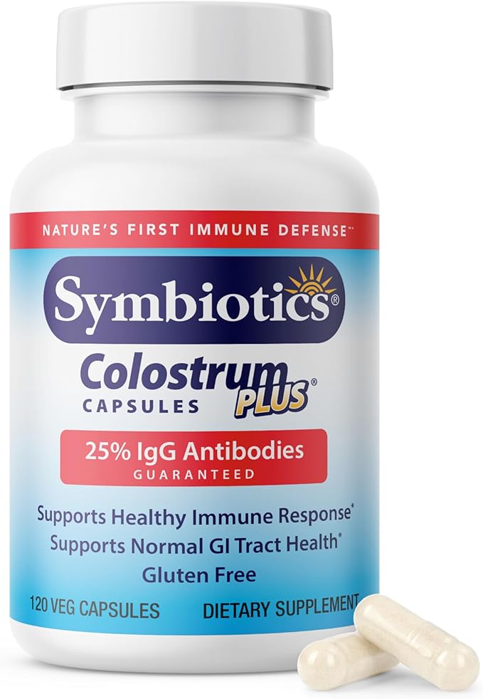 Symbiotics Colostrum Vegetable Capsules 120 Count - Immune &amp Gut Support with Lactoferrin and Naturally Occurring IgG - Gluten Free rBST-Free - 120