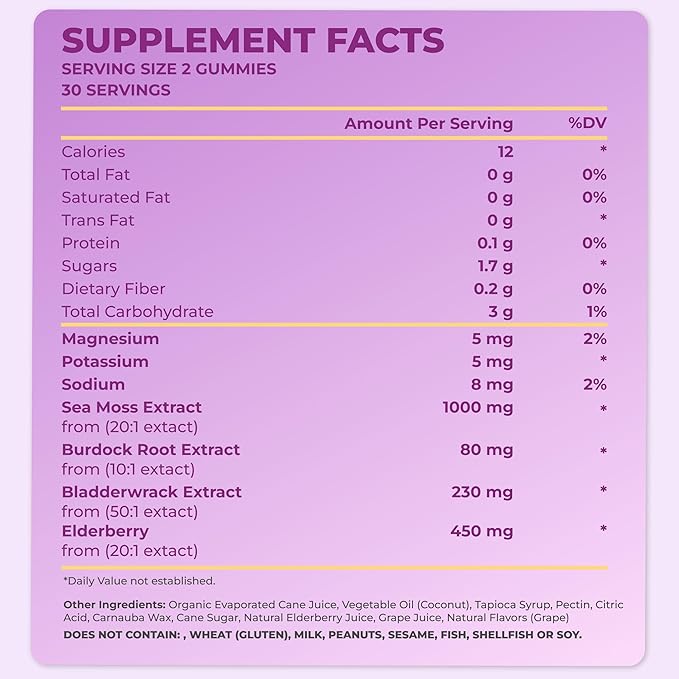TrueSeaMoss Sea Moss Gummies with Elderberry Burdock Root &amp Bladderwrack – for Adults &amp Kids 4+ – Fruity Flavor – 60 Gummies