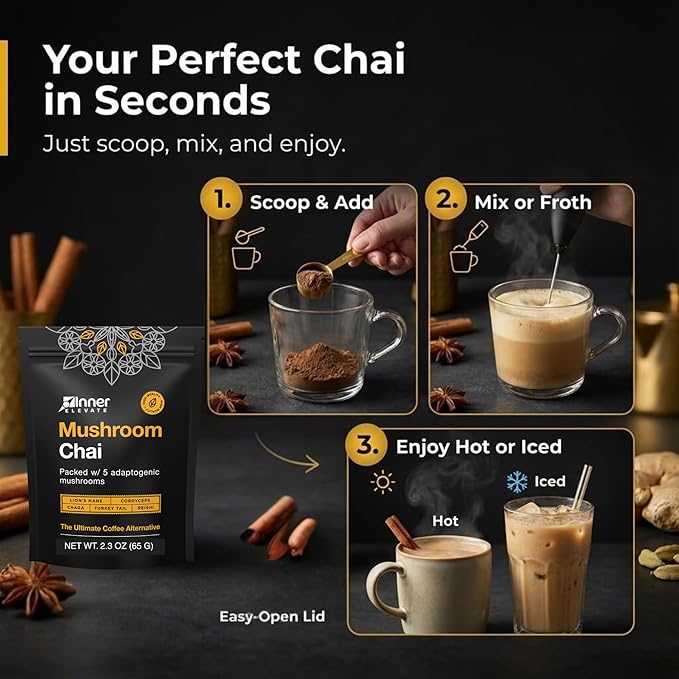 Inner Elevate Superfood Mushroom Chai - Ultimate Coffee Alternative - Adaptogenic Mushroom Tea Drink with Lion's Mane Cordyceps Chaga Reishi Turkey Tail (35 Servings)