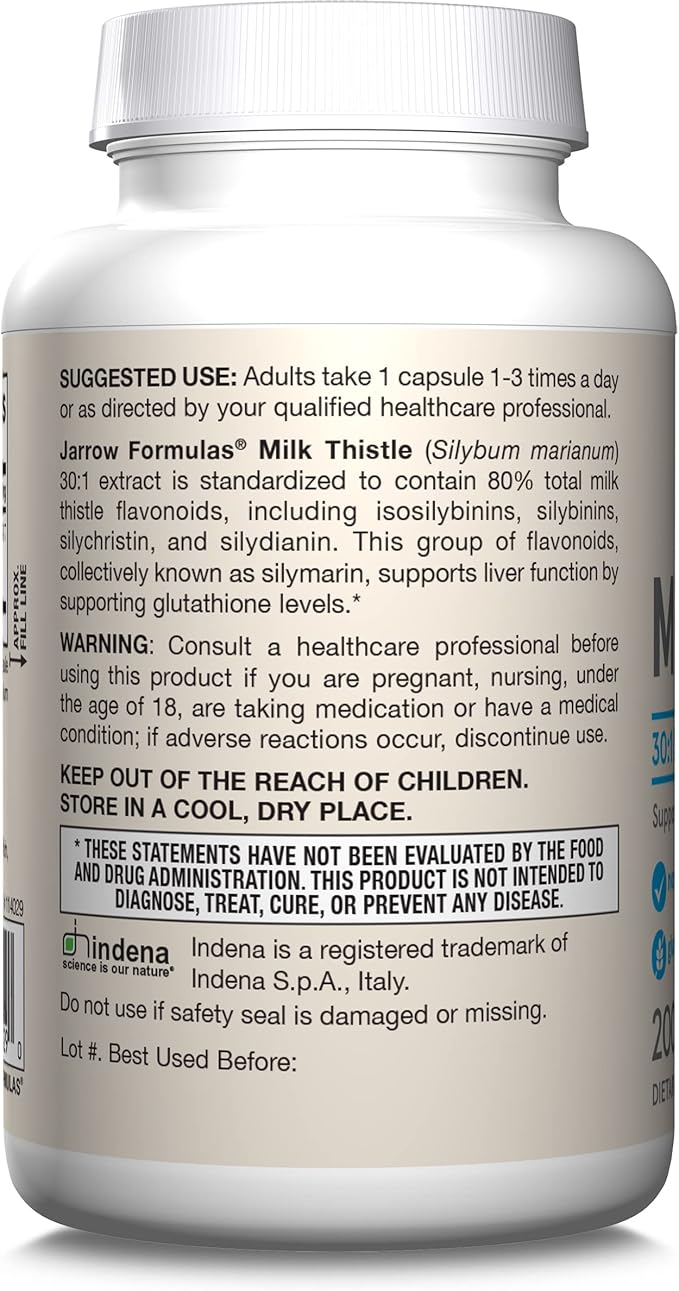 Jarrow Formulas Milk Thistle Supplement 150 mg. 30:1 Milk Thistle Extract Standardized to 80% Total Flavonoids Dietary Supplement for Liver Function Support 200 Veggie Capsules Up to 200 Day Supply