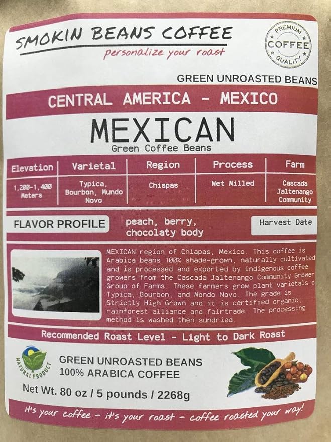 5 pounds| Mexican| Farm: Finca Nextlalpa| Grade-Altura| SpiceChocolateBrownSugarNuts/Apple| Specialty-Grade Green Unroasted Whole Coffee Beans| for Home Coffee Roasters|by Smokin’ Beans Coffee Co