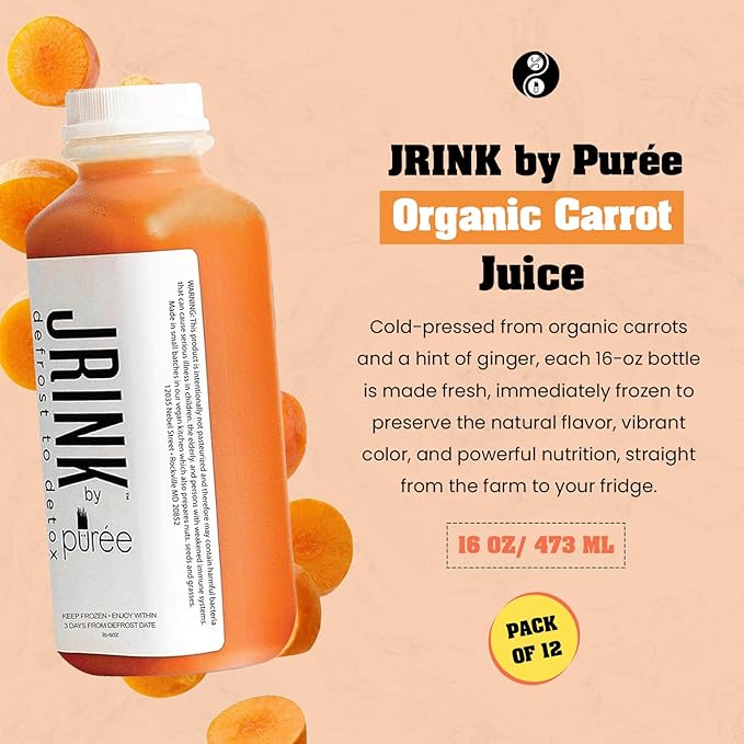 JRINK by Purée Organic Carrot Juice Cold Pressed Ginger Blend Healthy Cleanse Vegan Cold Press Beverage Non-GMO Organic Fruit and Vegetable Drink No Added Sugar 16 fl oz Bottles Pack of 12