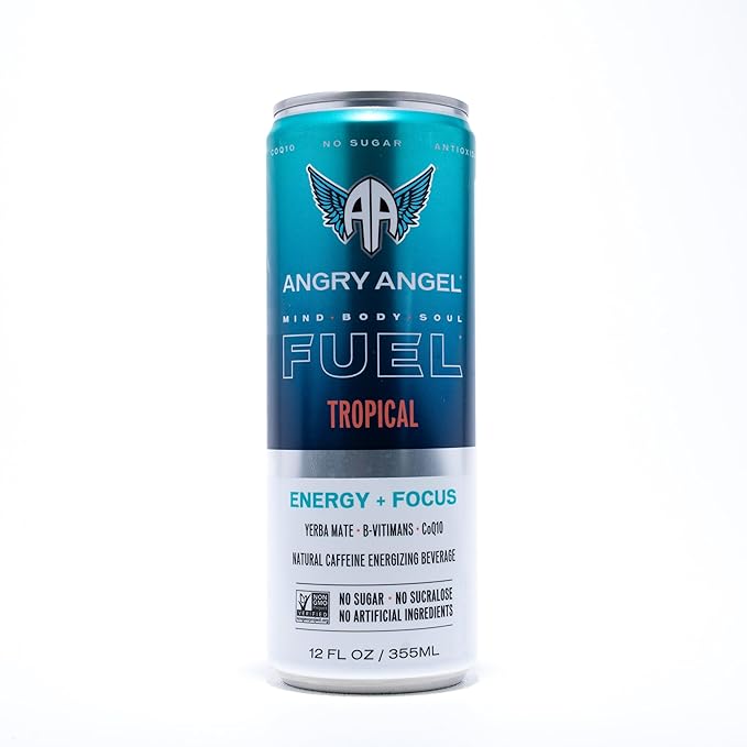 Angry Angel Tropical Natural Energy + Focus Drink (12 count) - Zero Sugar - Natural Caffeine from Yerba Mate - CoQ10 - B Vitamins - 12 oz Cans