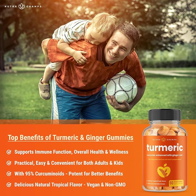 Turmeric Gummies for Adults &amp Kids with Ginger &amp Black Pepper Extract | 95% Curcuminoids | Vegan Natural Curcumin Joint Support | 120 Tumeric Gummy Supplements (2-Pack)