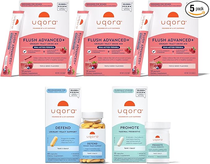 Uqora Flush Advanced+ Regimen with Flush Advanced+ (3 Pack) - Cranberry to Reduce Risk of Recurrent UTI** - Defend &amp Promote - D-Mannose Vitamin C Green Tea Extract &amp Probiotics - 3-Part Bun