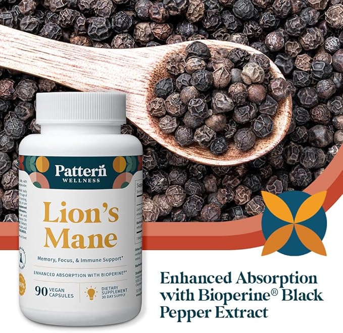 Pattern Wellness Lion’s Mane Mushroom – Supplement Capsules for Cognitive &amp Focus Support – Enhanced Absorption – 90 Vegan Capsules