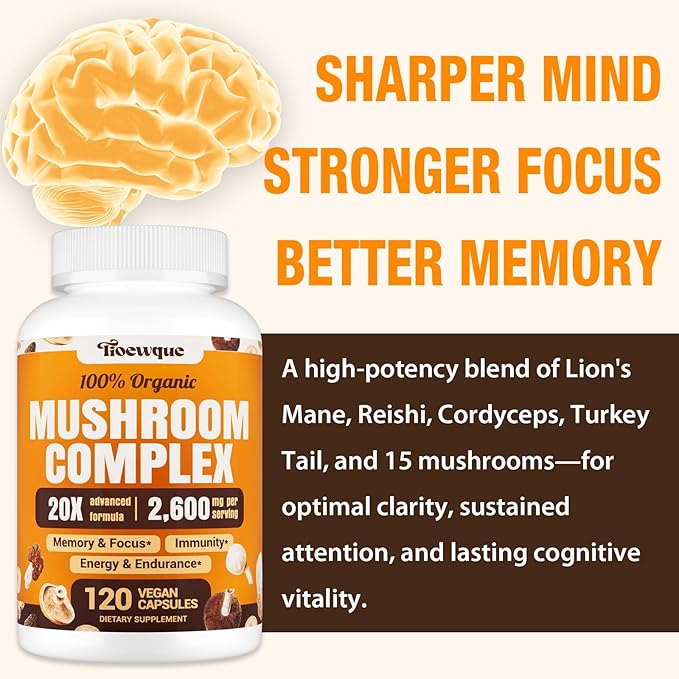 Brain Supplements for Memory and Focus Mushroom Supplement 20 in 1 Mushroom Complex with Lions Mane Reishi Turkey Tail Cordyceps Shiitake for Focus Brian Memory Supplement 120 Capsules
